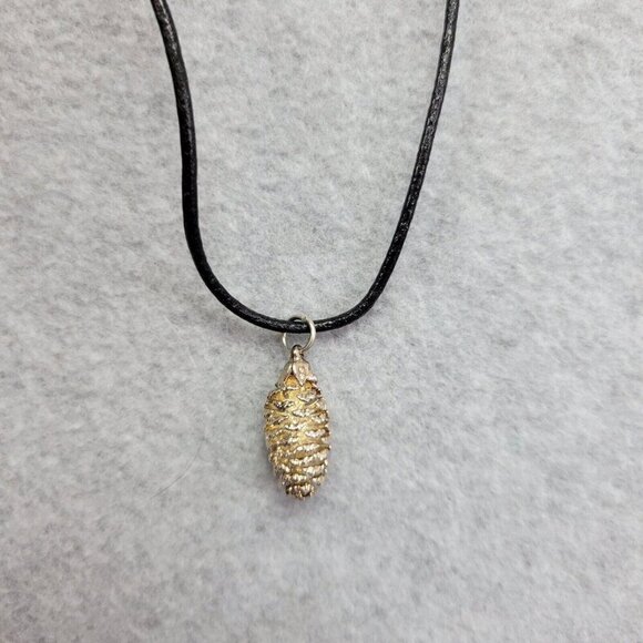 Silver Tone Pinecone Necklace Natures Jewelry Black Leather Rope Chain New - Picture 1 of 8